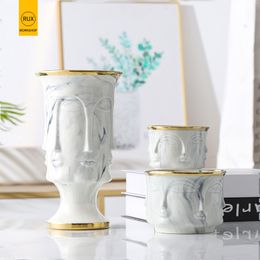 Rux Workshop Nordic Face Shape Designs Best Marble Ceramic Vaas Bloem Pot Gold Woondecoratie Accessoires Tools 210310