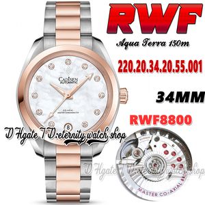 RWF Aqua Terra 150m A8800 Automatische dameswacht 220.20.20.34.20.55.001 34 mm parelparelmaak Rose Gold Bezel roestvrijstalen armband Super versie Eternity Watches