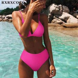 RXRXCOCO traje de baño de cintura alta para mujer Push Up ropa de playa sólido traje de baño Sexy Animal leopardo traje de baño femenino Bikini 210621