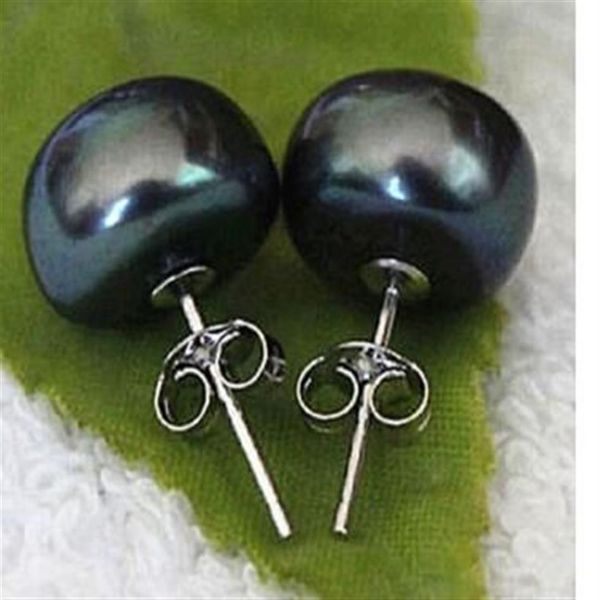 ry00595 Aretes de perlas negras cultivadas genuinas de agua dulce de 10-11 mm, plata A0422285o