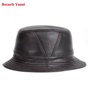 RY995 Man Real Leather Fort Embet Hats Mannelijke buiten Pot Korte rand Zwart/Bruine heup Pop Gorras oudere viskap 240409