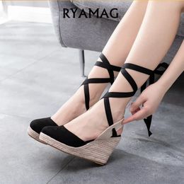 Ryamag dames espadrilles enkelriem sandalen comfortabele slippers dames casual schoenen ademende platte hennep canvas pomp 240425