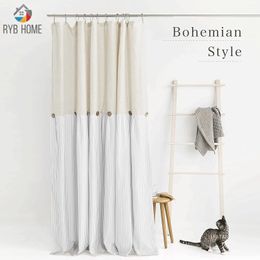 RYB HOME Cortina de ducha con botones de lino, tela tejida de algodón, rayas grises plisadas, cortinas impermeables de estilo rural para baño 240226