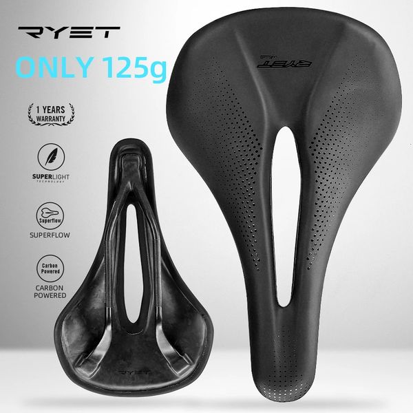 RYET Selle de vélo en fibre de carbone 143 mm super légère 125 g en cuir route VTT course PU coussin de siège souple selles de vélo pièces de cyclisme 240105