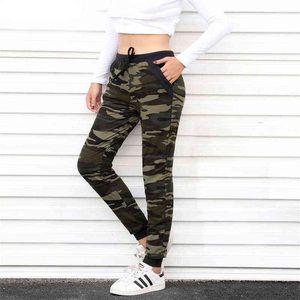 RYLANGUAGE Camouflage Joggers Femmes Pantalons De Survêtement Harem Camo Pantalon Cordon Pantalones Femme Mujer Femme Taille Haute Poche Serré Y211115