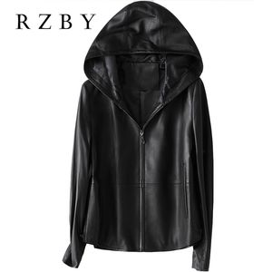 RZBY Femmes 100% véritable manteau de peau de mouton à capuche à capuche de printemps mode véritable veste en cuir chaqueta mujer top Quality 210916