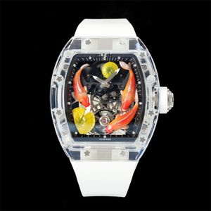 S 10 Montre de Luxe Fish Playing Tourbillon Mens Watches Tourbillon Mouvement Crystal Case Strap de caoutchouc Luxury montre des montres-bracelets Relojes