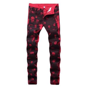 S 2021 Nieuw aankomsten Skull Print Tie Dye Men Hip Hop Pencil jeans broek Red Punk Women Casual Slim Denim Pants Pantalones Hombre J240507