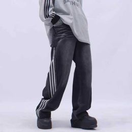 S 2023 Y2K Streetwear gewassen zwart gestreepte flodderige jeans broek voor mannen kleding zijkant Zipper recht losse hiphop oude denim broek J240507