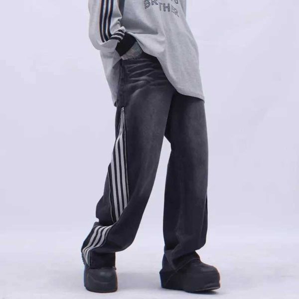S 2023 Y2K Streetwear lavé Black Striped Baggy Jeans Pantals For Men Clothes Side Zipper Straight Loose Hip Hop Old Denim pantalon J240507