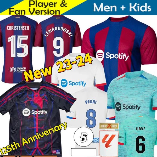 S 23 24 Jerseys de football 125e anniversaire spécial Camisetas Barca 2023 Fan Player FC Hommes Chemises de football Kits enfants GAVI LEWANDOWSKI PEDRI