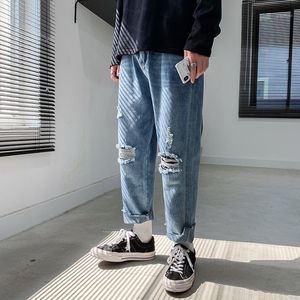 S-2XL bleu printemps déchiré cheville jean hommes étudiant coupe ample pantalon large Style coréen à la mode mendiant