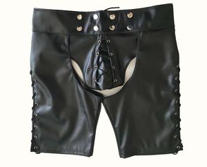 S-2xl New Buckle Hot Black Mens PVC Bandage Open Cortch Shorts Gothic Fetish Gay Men Faux Faux Leather Jockstrap Penis Pocket Pantal