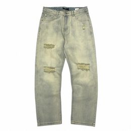 S-3X Hommes Jeans droits Ripped Hole Blanc Distred Old Heavy Wed Denim Pantalon pour Y2K Youth Retro Amekaji Full Lg Pantalon R2yI #