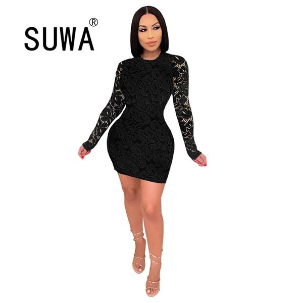 S-3XL mode Sexy femmes printemps automne Mini robe noir blanc à manches longues col rond mince dentelle solide en gros 210525