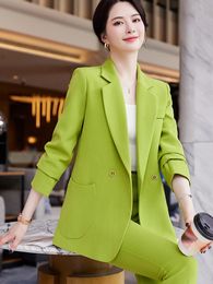 S-3xl Pink Green Black Women Jacket and Pant Suit Blazer Femme Office Lady Business Work Wear Formal 2 Pieces avec Pocket 240415