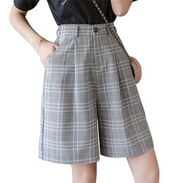 S-3XL Sashes Booty Shorts Hoge Taille Zomer Vintage Plaid Wide Been Past Short Women Elegant All Match Straight Belt Meisje 210714