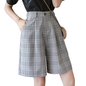 S-3XL Sashes Booty Shorts Hoge Taille Zomer Vintage Plaid Wide Been Past Short Women Elegant All Match Straight Belt Shorts Girl T200701