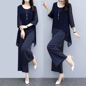 S-3XL Summer Chiffon 2 tweedelig sets Outfit plus size asymmetrische blouses en brede pootbroek Pakken Elegante Koreaanse sets 210721