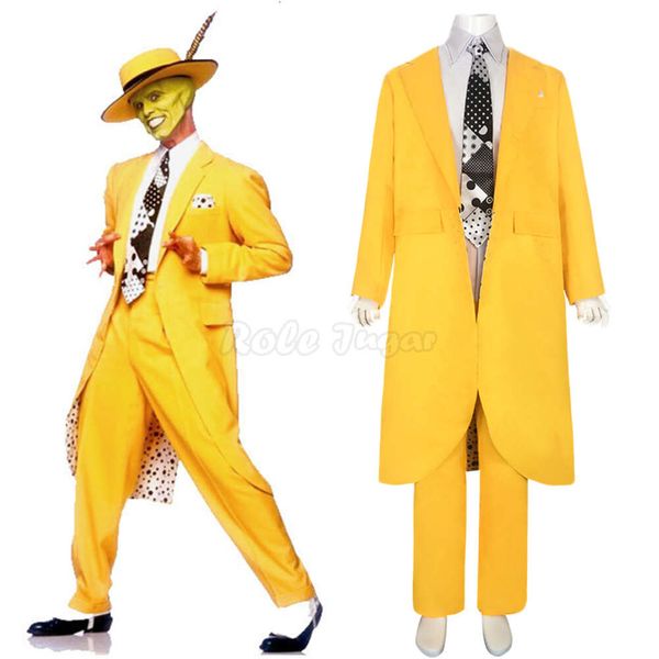 Costume de Cosplay le masque Jim Carrey pour hommes, manteau jaune, chemise + pantalon, uniforme, ensembles complets, Costumes de carnaval d'halloween, S-3XL C220X35