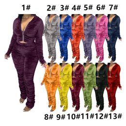 S-3XL Ensemble de pantalons décontractés à capuche en flanelle de velours pour femmes 15 couleurs unies Veste plissée Crop Coat Tops et Leggings Deux pièces Outfit Long 35C3