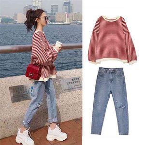 S 4XL Oversize Denim Plus Size Tweedelige Pak Herfst Vrouwen Pakken Lange Mouw Stripe T-shirt Elegance Jeans Broek Set 210423