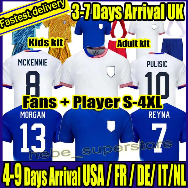 S-4xl USAS Soccer Jerseys 2024 2025 Copa America Uswnt Woman Kids Kit Usmnt 24/25 Home Football Shirts Men Player Version 2024 Pulisic Smith Morgan Balogun