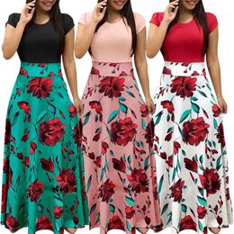 S-5XL 7Colors Floral Stripe Dot Print Splicing Short Sleeve Long Dress Vintage High Taille Women Summer Beach Party Daily Rok 240409