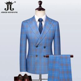 S-5XL Blazer chaleco pantalones de lujo marca de alta gama hombre delgada delgada de trabajo a cuadros azules 3piece groom de vestidos de novia tuxedo 240426