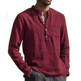 S-5xl Cotton Linen Shirt Manches longues Coup Crew Mens Summer Simple Plain Blouse Bouton Down Tops Plus Taille 240407