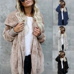 S-5XL abrigo de oso de peluche de piel sintética para mujer, chaqueta con capucha de invierno de punto abierto a la moda, chaqueta borrosa de manga larga para mujer