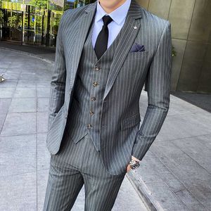 S-5XL (Veste + Gilet + Pantalon) Fashion Boutique Striped Slim Men's Business Casual Suit 3pcs Set Groom Wedding Dress Tuxedo X0909