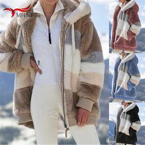 S-5XL Damesjack Winter Casual Warm Pluche Losse Hooded Retro Zachte Zipper Faux Bontjas Pocket Lange Mouw Dames 211014