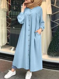 S-5xl Muslim Dress Femmes Hijab Shirt Long Manche Long Maxi Vestidos Femme Button Robe Femme Musulman High Wasit Solid Sundren 240415