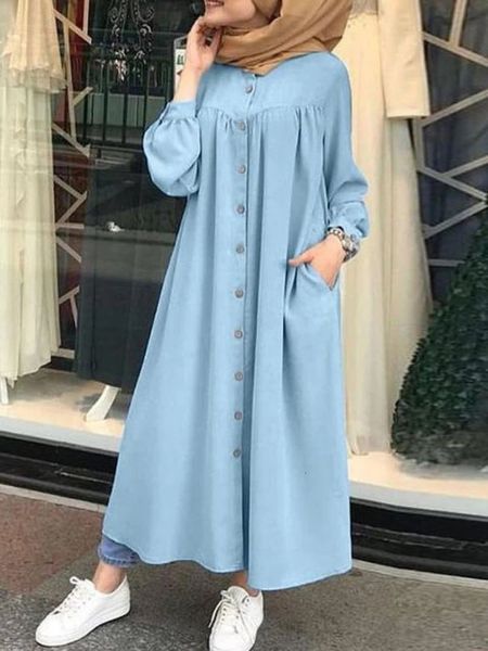 S-5xl Muslim Dress Femmes Hijab Shirt Long Manche Long Maxi Vestidos Femme Button Robe Femme Musulman High Wasit Solid Sundress240416