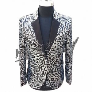 S-5XL Nouveaux Hommes Léopard Paillettes Costume Bar Discothèque Chanteur Dj Ds Paillettes Costume Auto-cultivati Grande Taille Blazers Veste Costumes H01e #