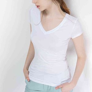 S-5XL nouveau T-shirt en coton pour femmes été 2022 décontracté élasticité à manches courtes col en V mince bas T-shirt hauts pour filles t-shirts femme G220228