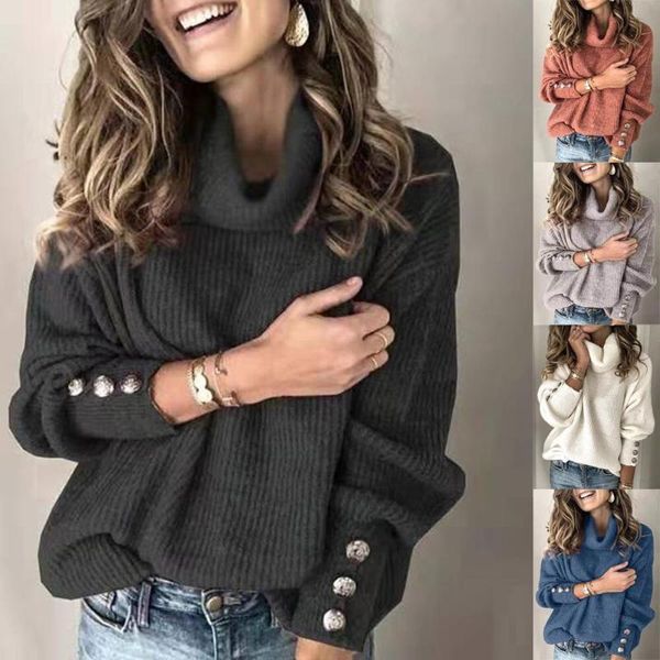 S-5XL Oversize hiver Pull Pull femmes col roulé bouton Boho décontracté à manches longues Pull femme solide tricot pulls pulls