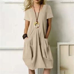 S-5XL Coton surdimensionné Linge longue robe pour les femmes à manches courtes décontractées jupe à manches courtes plage vestige féminin vestide robe 240423