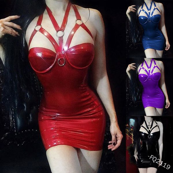 S-5XL Sexy Gothic Korsett Choker Kleid Leder Skinny Bodycon Mini Neckholder Kurzes Kleid Frauen Punk Club Für Mädchen Plus Größe 210303