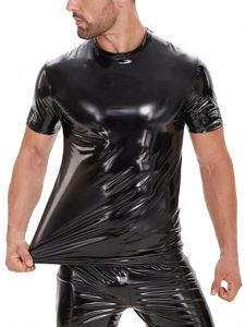 S-5XL Brillant Faux PU Cuir À Manches Courtes Wet Look PVC T-shirt Hommes Hip Hop Tshirt Collants Sexy Hot Shapers Muscle Bodybuilding Top 78Sw #