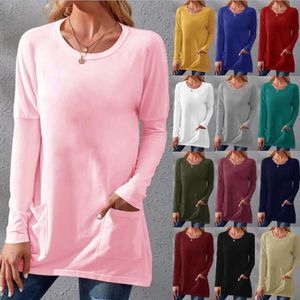 S-5xl size o cuello camisa de manga larga tops otoño invierno negro casual suelto sólido camisetas de mujer blanca con bolsillos