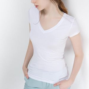S-5XL Womens Katoenen T-shirt Zomer Tops Casual Elasticiteit Korte Mouw V-hals Slanke Bodem Meisjes Tees Vrouwelijk