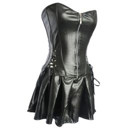 S-6XL de talla grande para mujer, lencería negra de imitación de cuero burlesco Steampunk, vestido con corsé gótico de PVC, chaleco con corsé, busto 829281P