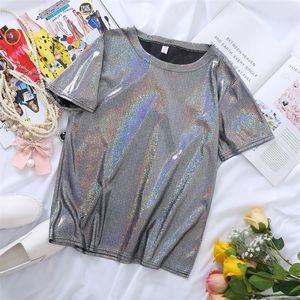 S 6xl dames sprankelend glanzende metalen holografische ronde nek korte mouw casual losse top festival party shirt vrouwelijke kleding 220628