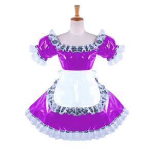 S-7XL Gothic Vierkante Hals Korte Mouw Mini Jurk Vintage Vrouwen Kant Trim PVC Jurk Sweet Maid Serveerster Cosplay Kostuum