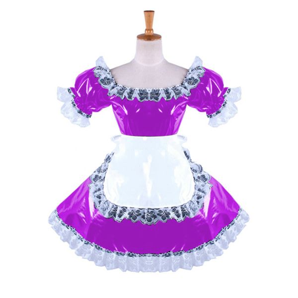 S-7XL Gothic Square Neck Kurzarm Mini Kleid Vintage Frauen Spitze Trim PVC Kleid Süße Maid Kellnerin Cosplay Kostüm
