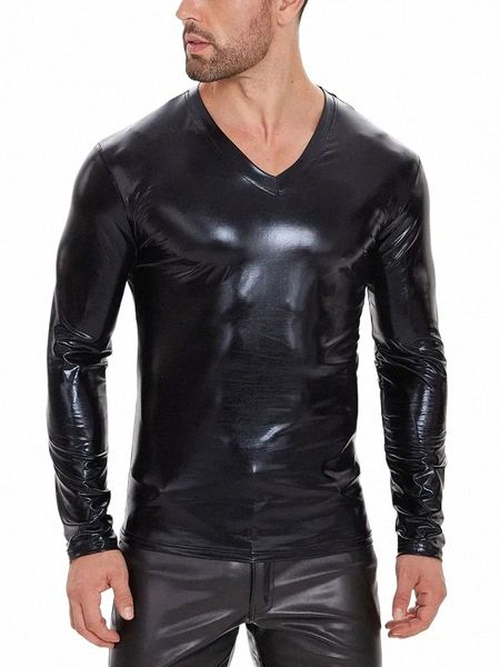 S-7XL Brillant Faux PU Cuir Lg Manches T-shirt Hommes Hip Hop Tees Collants Sexy Bodybuilding Vêtements Chaud Shapers Muscle Tshirt Top e5ZF #