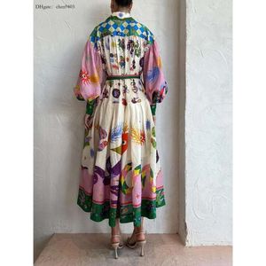 S Casual Vintage Femmes Robes Robe Française Motif Graphique Manches Longues Lanterne Bouton Revers Avant Midi Swing avec Ceinture Leeve Wing
