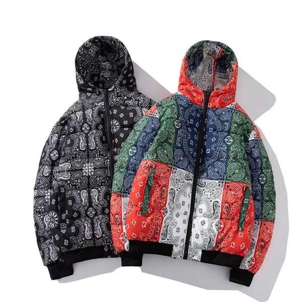 S Down Parkas Veste d'hiver Hommes Bandana Imprimé Patchwork Coton Rembourré Manteau Épais Chaud À Capuche Varsity College University Vêtements D'extérieur